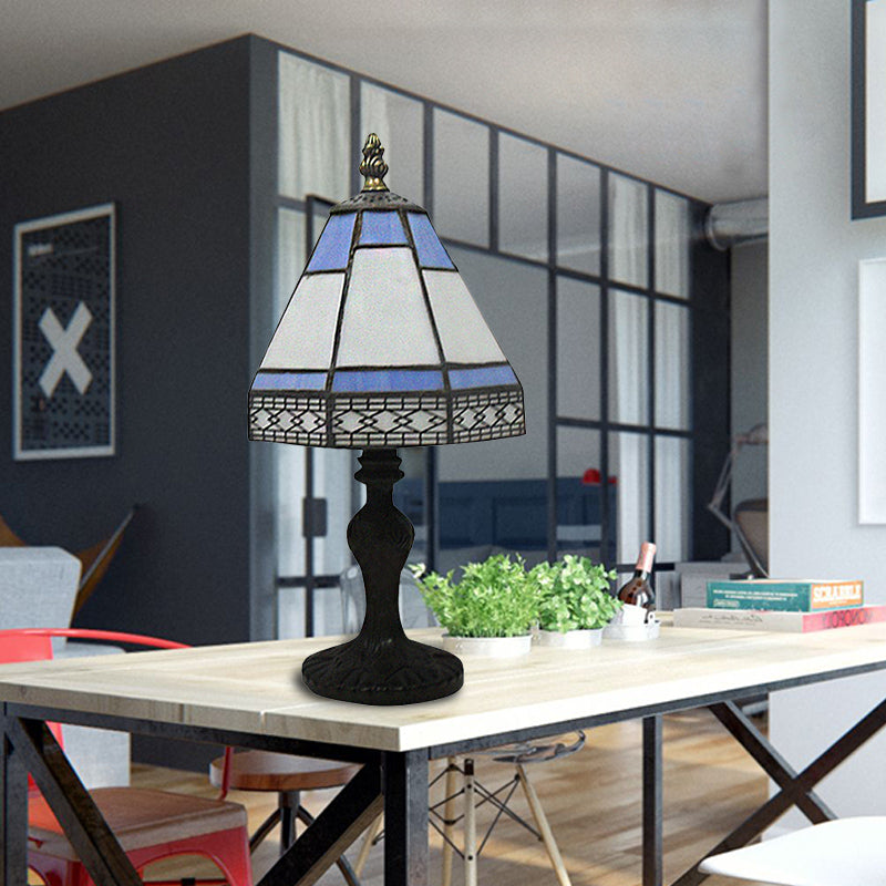 Aleron | Beige & Blue Conical Bedside Table Lamp, Single-Head Stained-Glass Style