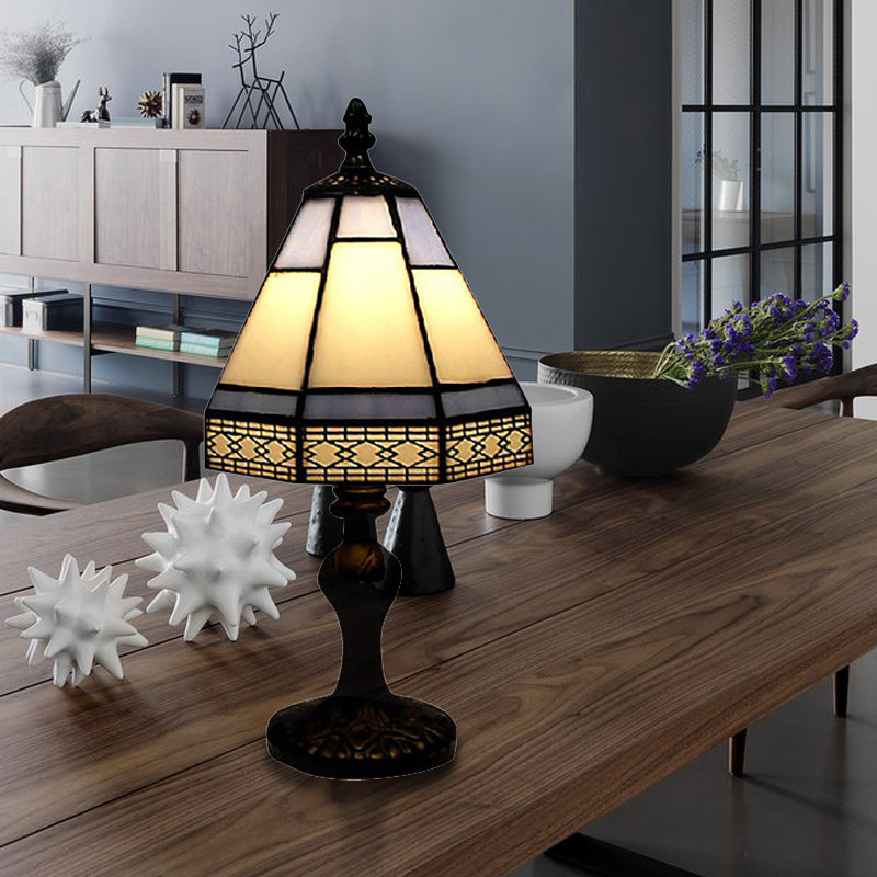 Aleron | Beige & Blue Conical Bedside Table Lamp, Single-Head Stained-Glass Style
