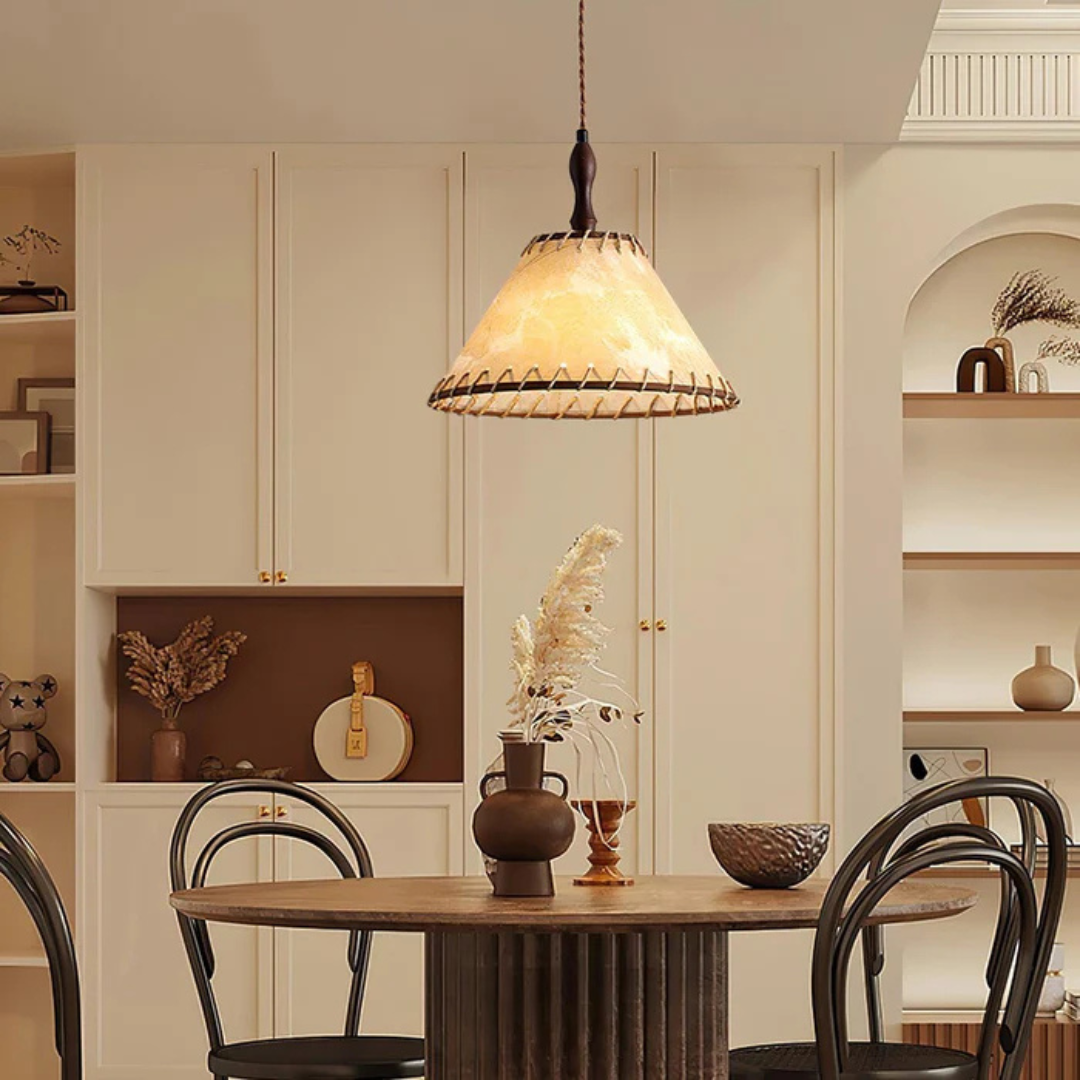 Mienel Liora Wood Pendant Light With Fabric Shade for Dining Room