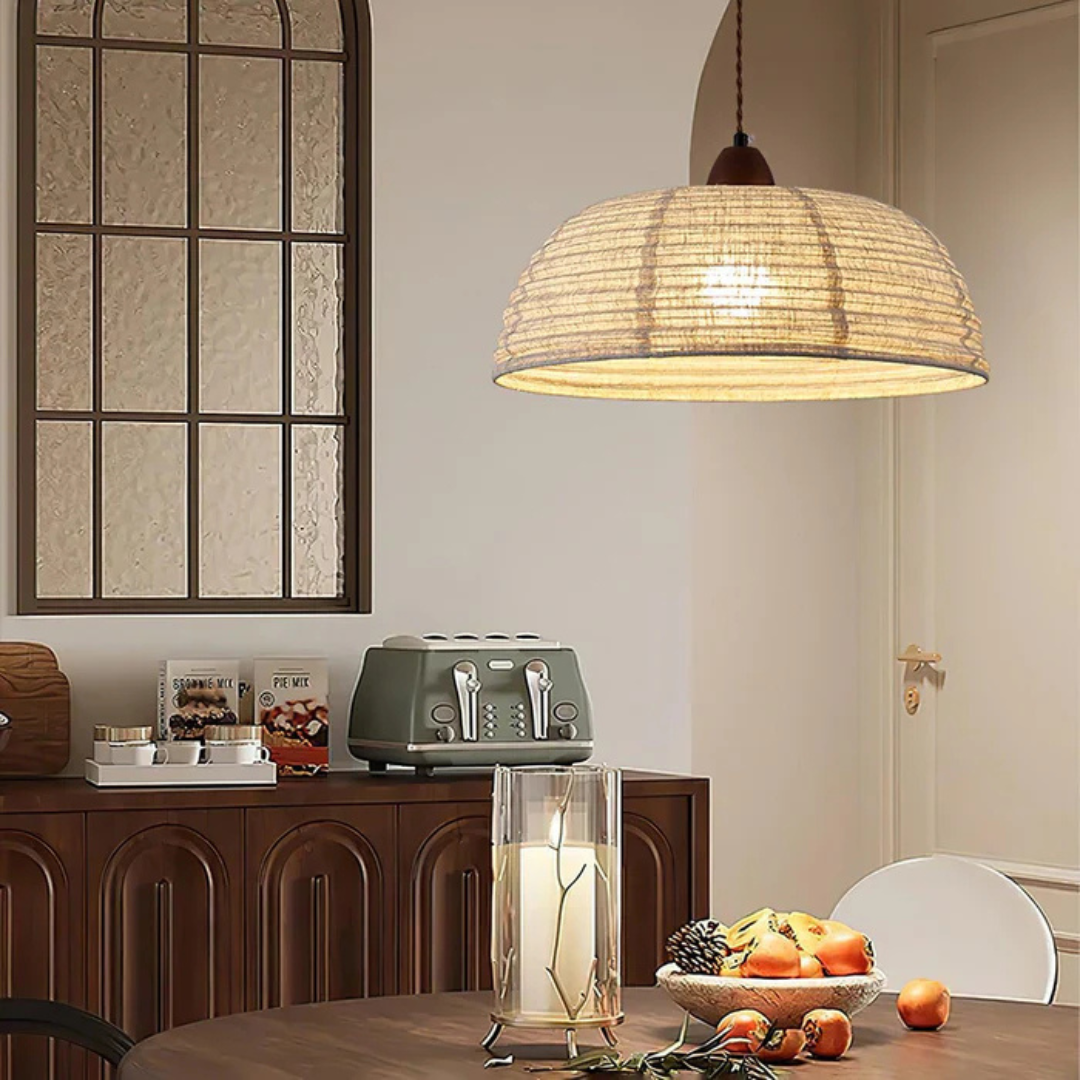 Mienel Liora Wood Pendant Light With Fabric Shade for Dining Room