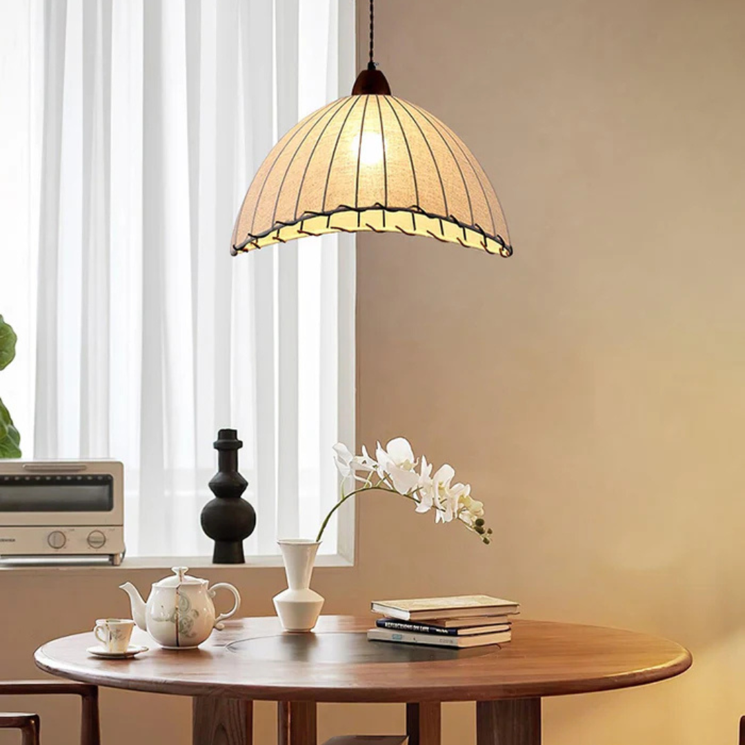 Mienel Liora Wood Pendant Light With Fabric Shade for Dining Room