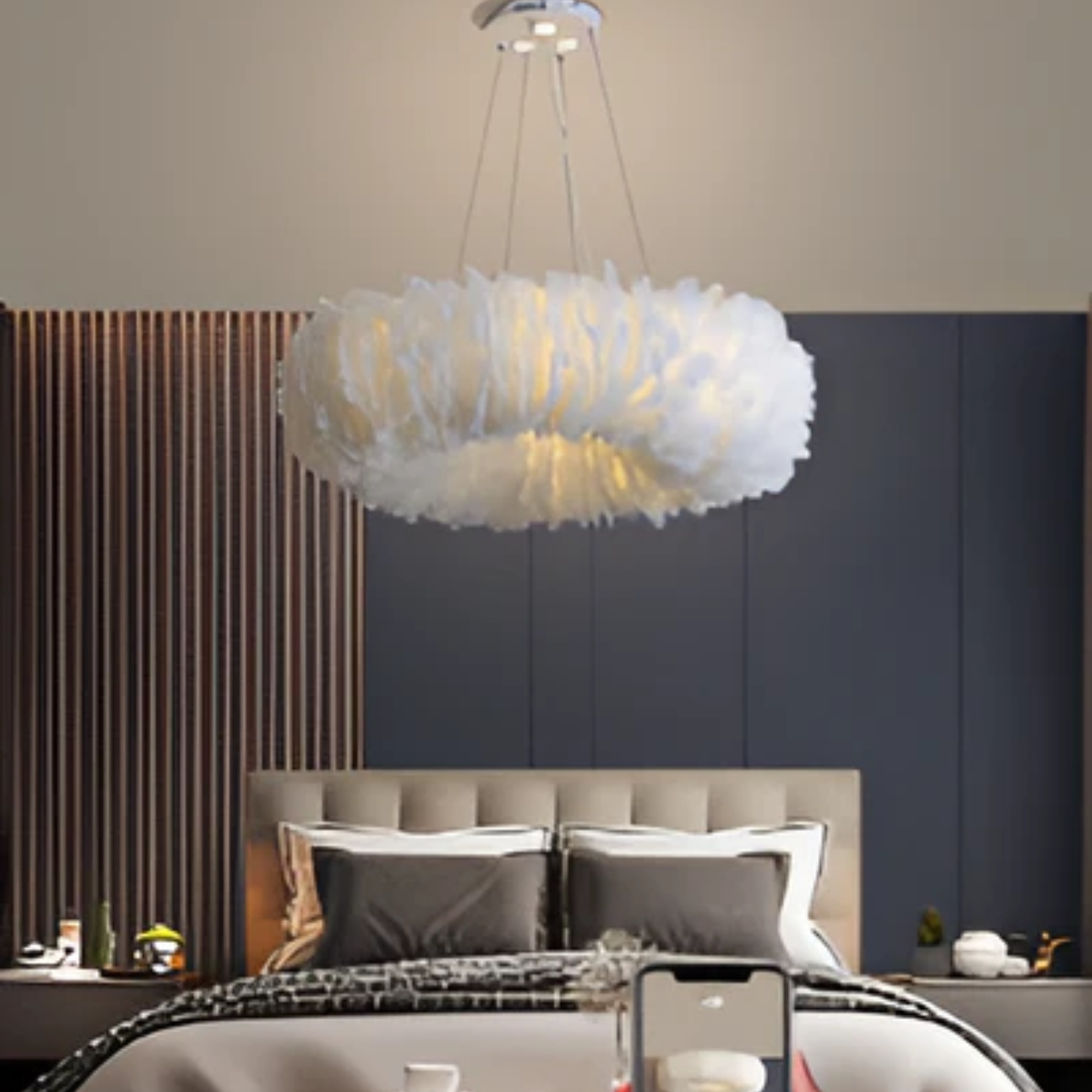 Mienel Novalume Circular White Feather Pendant Light with Soft Diffusion