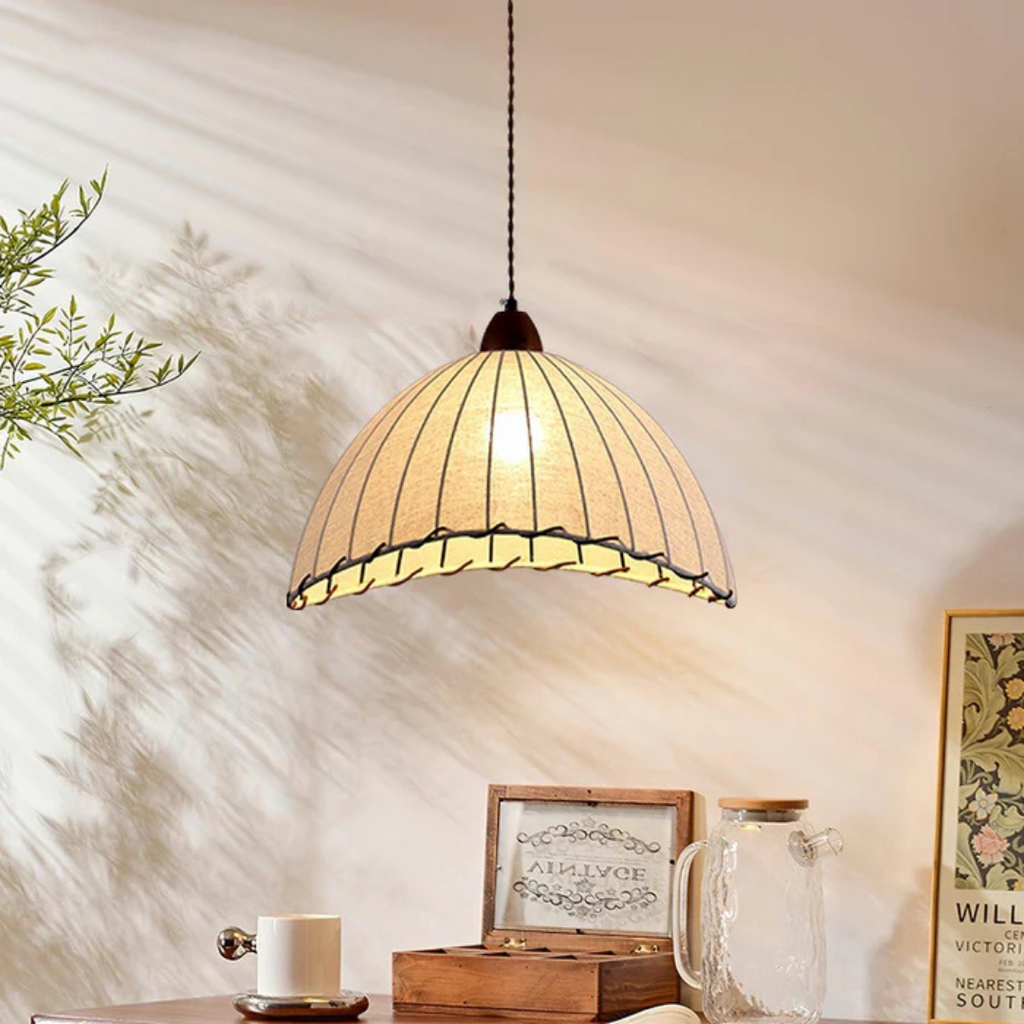 Mienel Liora Wood Pendant Light With Fabric Shade for Dining Room