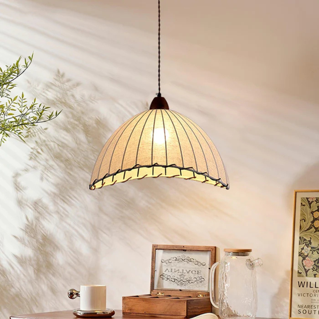 Mienel Liora Wood Pendant Light With Fabric Shade for Dining Room