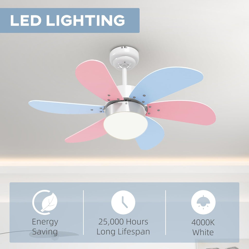 AuroraBreeze Ceiling Fan For Kids With Six Pastel Blades And LED Lamp