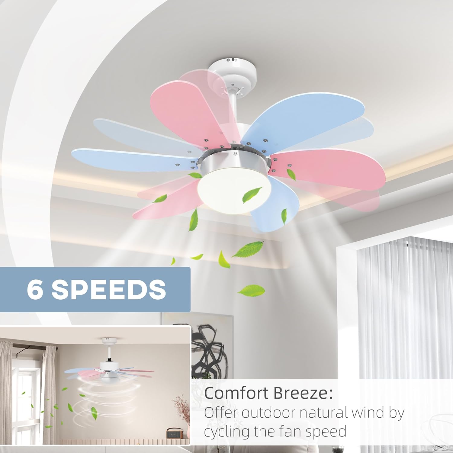 AuroraBreeze Ceiling Fan For Kids With Six Pastel Blades And LED Lamp
