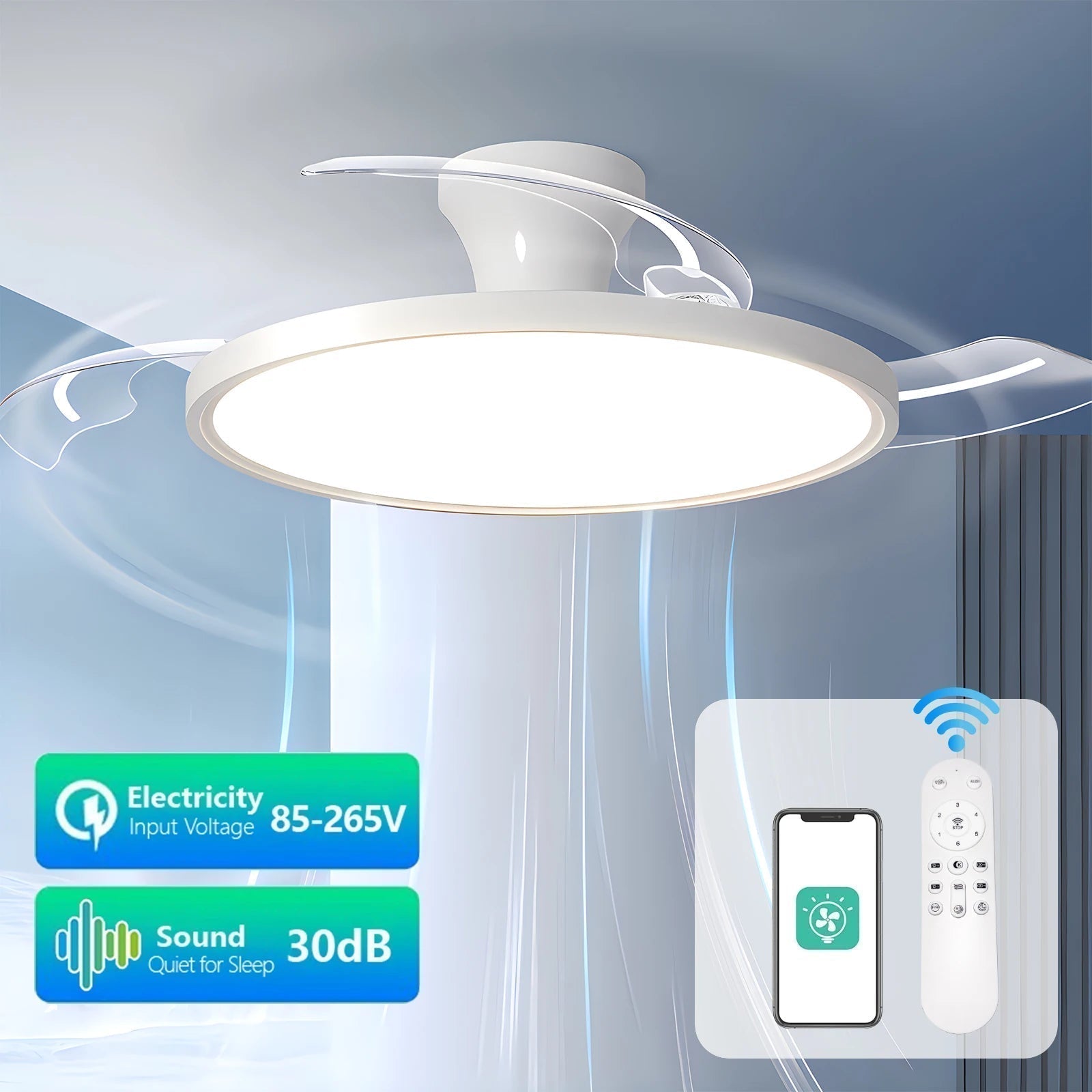 Aerlite Ceiling Fan Featuring Retractable Blades, Dimmable LED Light and Remote Control