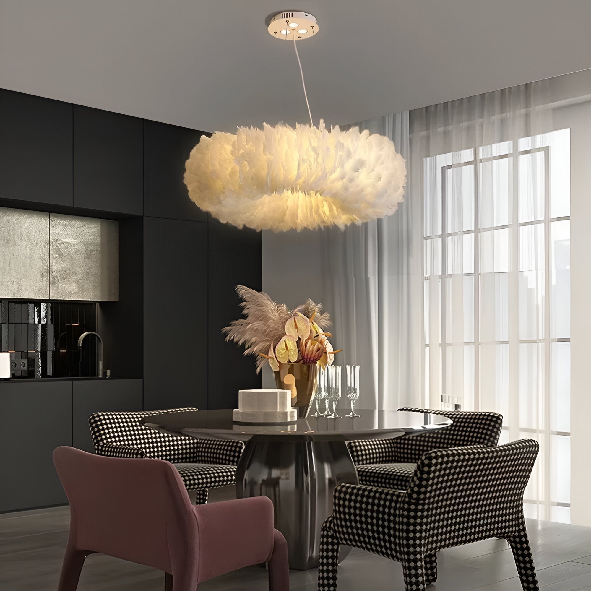 Mienel Novalume Circular White Feather Pendant Light with Soft Diffusion