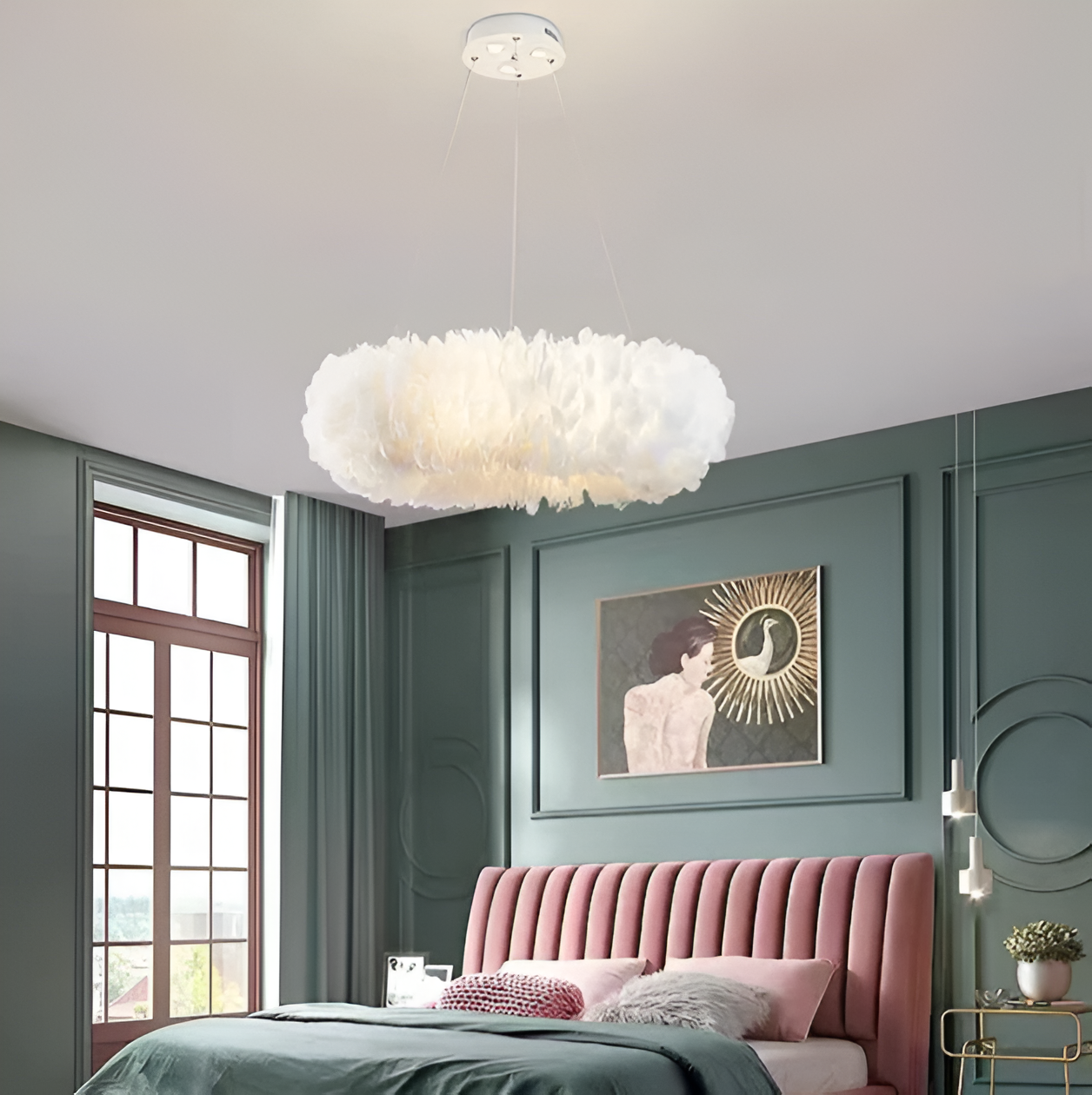 Mienel Novalume Circular White Feather Pendant Light with Soft Diffusion