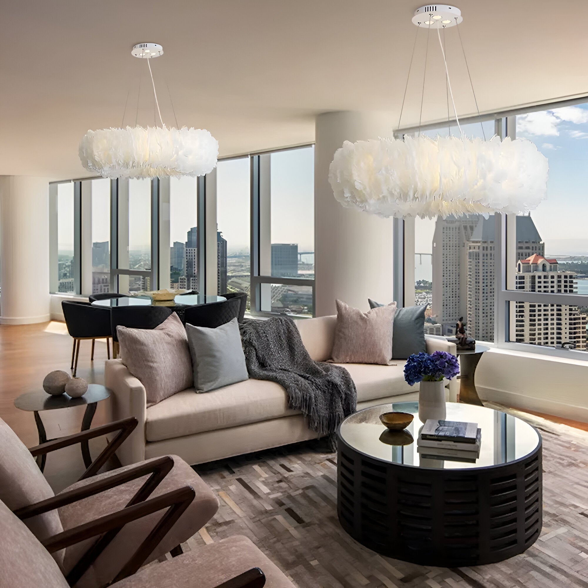 Mienel Novalume Circular White Feather Pendant Light with Soft Diffusion