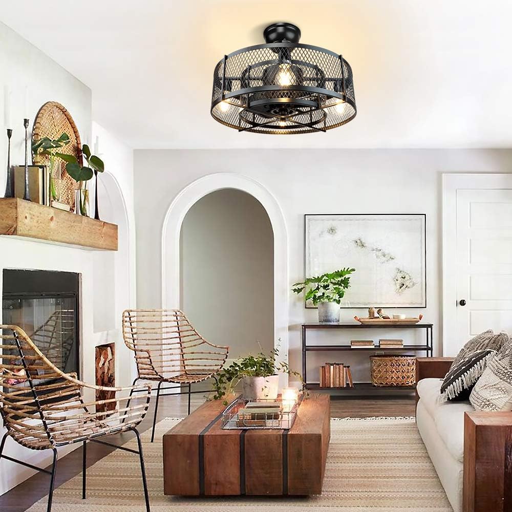 Ardelle Black Industrial Ceiling Fan Lamp With Metal Mesh