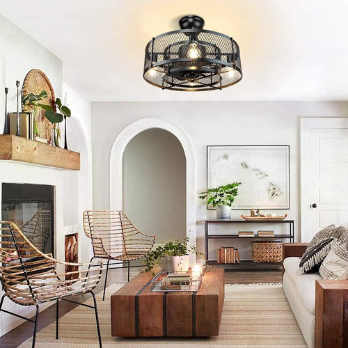 Ardelle Black Industrial Ceiling Fan Lamp With Metal Mesh