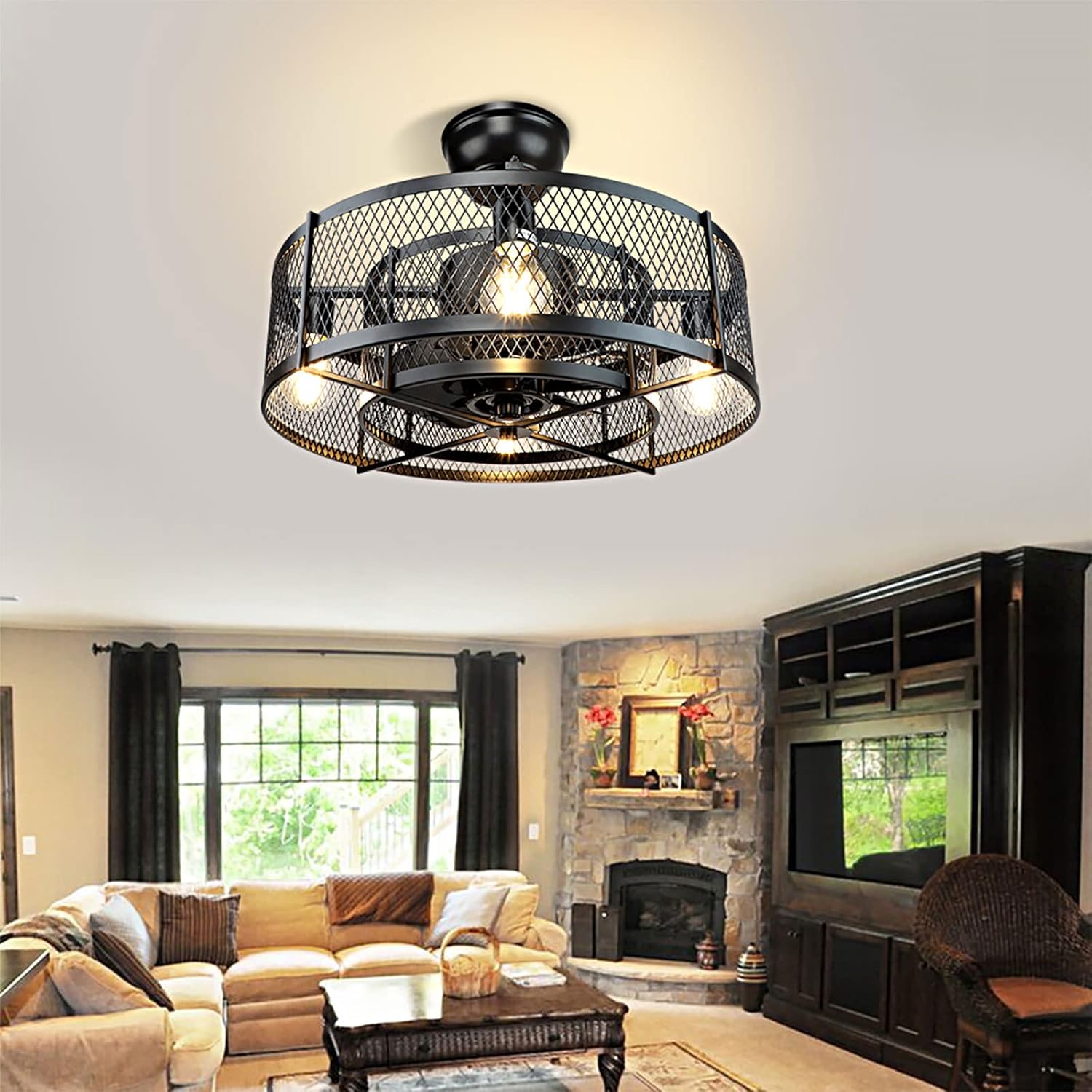 Ardelle Black Industrial Ceiling Fan Lamp With Metal Mesh