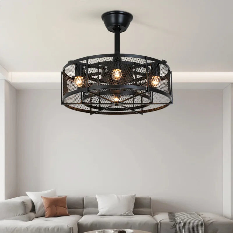 Ardelle Black Industrial Ceiling Fan Lamp With Metal Mesh