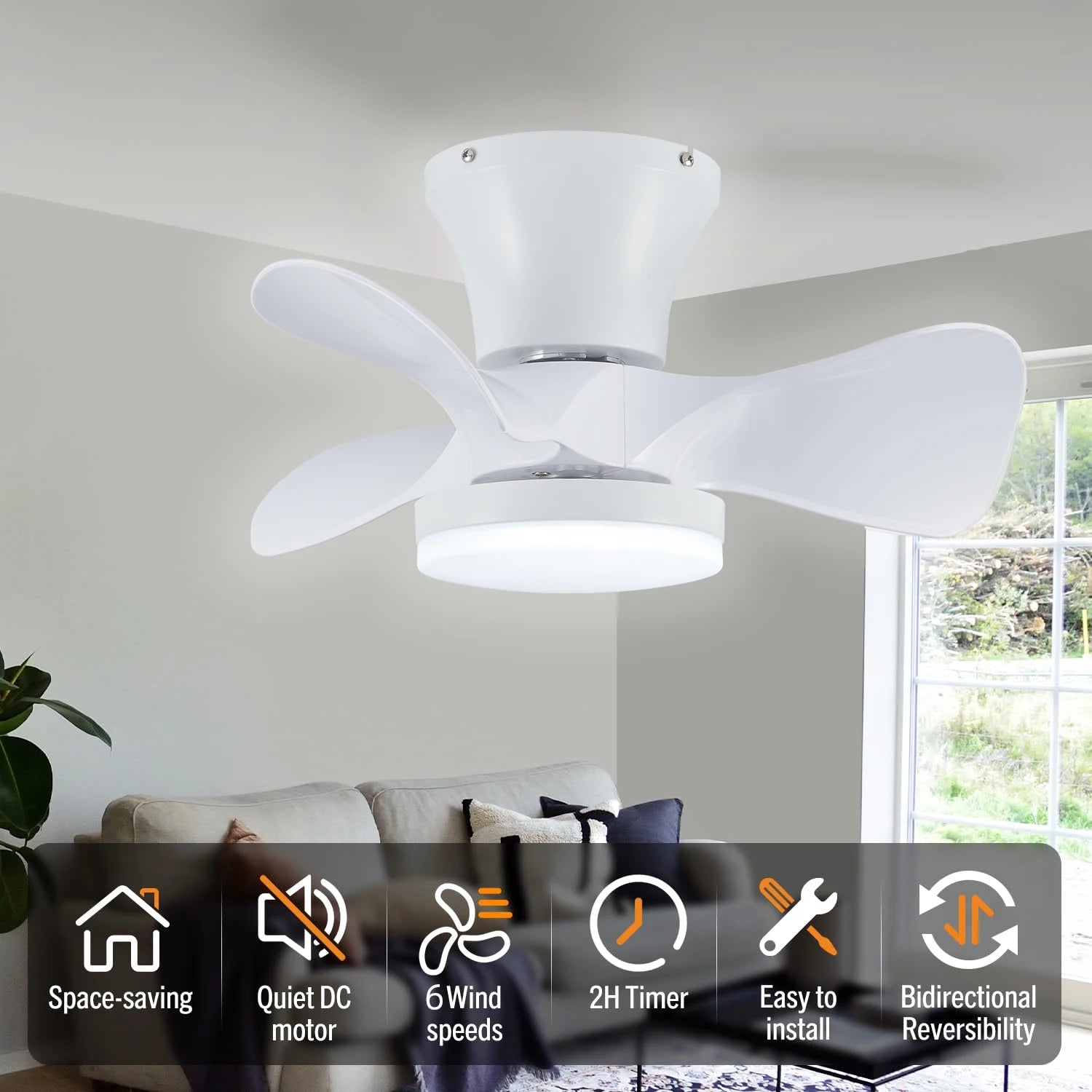 Compact Reversible Ceiling Fan With Dimmable LED Light
